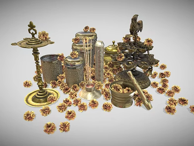 Vintage Brass Decorative Ornament Set With Flower Decorations Candle Holder Jars And Rooster Figurine 3d model