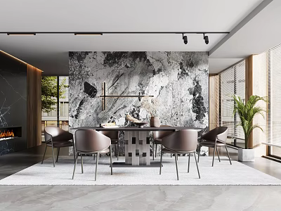 Modern Restaurant Interior With Marble Wall Dining Table Chairs Fireplace And Potted Plant 3d model
