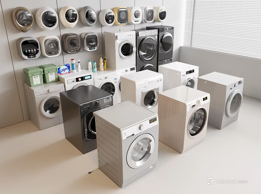 Various Modern Washing Machines In Different Styles And Colors Displayed In Showroom 3d model 