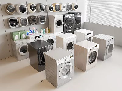 Various Modern Washing Machines In Different Styles And Colors Displayed In Showroom 3d model