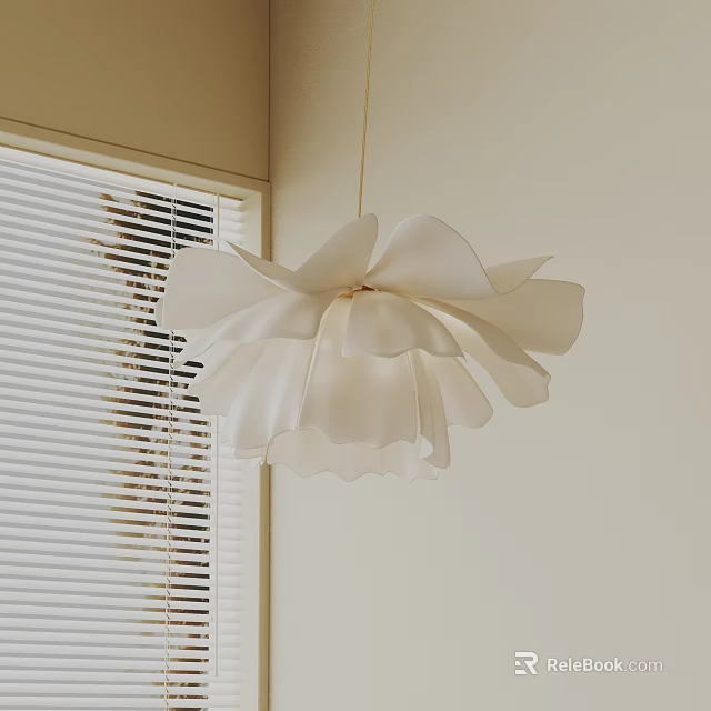 White Petal Shaped Chandelier Hanging In Room With Window Blinds Interior 3d model 