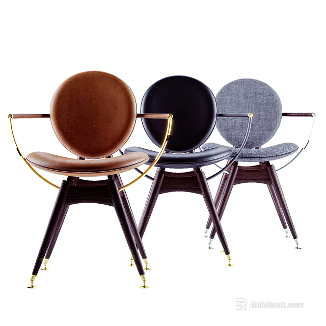 Elegant Modern Leisure Chairs With Brown Black Grey Round Backrest Metal Armrests Wooden Legs 3d model 