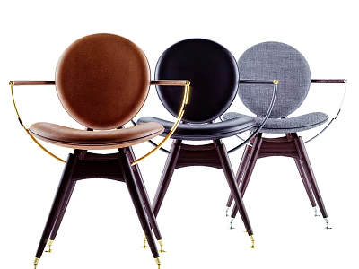 Elegant Modern Leisure Chairs With Brown Black Grey Round Backrest Metal Armrests Wooden Legs 3d model