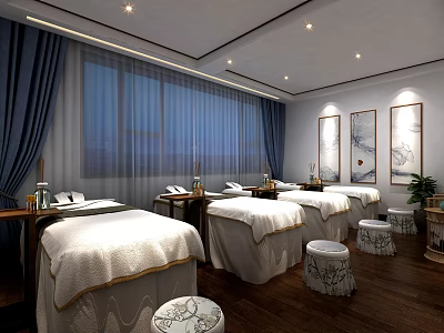 Serene SPA Sauna Room With Massage Beds Decorative Paintings And Large Windows 3d model