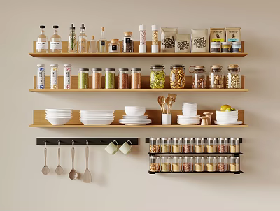 Organized Kitchen Storage Shelves With Jars Bottles Plates Spices And Utensils 3d model