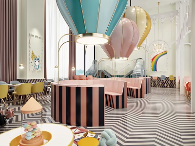 Colorful Café With Hot Air Balloon Decor Rainbow Yellow Chairs And Striped Bar 3d model