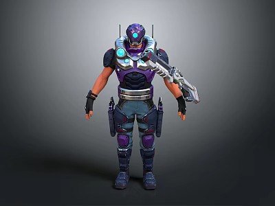 Sci Fi Game Character Wearing Purple Armor With Helmet Blue Glowing Accents And Large Weapon 3d model