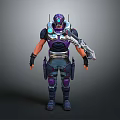 Sci Fi Game Character Wearing Purple Armor With Helmet Blue Glowing Accents And Large Weapon