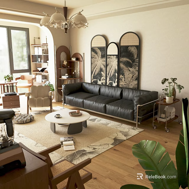 Modern Living Room Interior Design With Black Leather Sofa Round Coffee Table And Decorative Paintings 3d model 