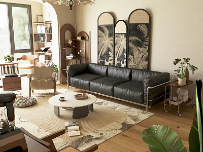 Modern Living Room Interior Design With Black Leather Sofa Round Coffee Table And Decorative Paintings 3d model