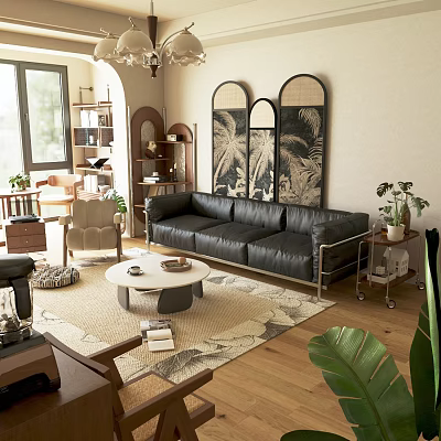 Modern Living Room Interior Design With Black Leather Sofa Round Coffee Table And Decorative Paintings 3d model