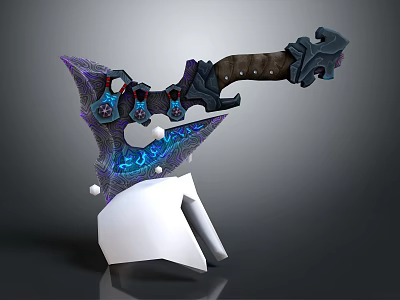 Glowing Fantasy Axe with Purple Blue Blade Mechanical Details and Brown Handle on White Stand 3d model
