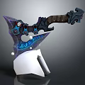 Glowing Fantasy Axe with Purple Blue Blade Mechanical Details and Brown Handle on White Stand