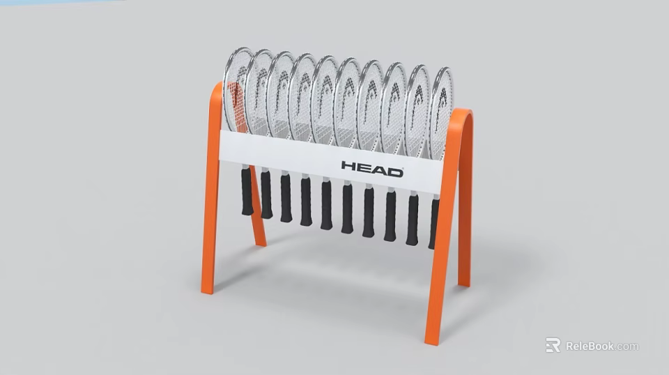 HEAD Storage Rack with Orange Legs White Frame Transparent Circular Holders and Black Elongated Items 3d model 