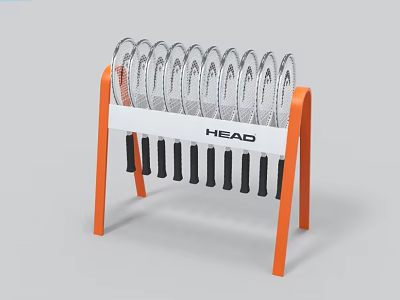 HEAD Storage Rack with Orange Legs White Frame Transparent Circular Holders and Black Elongated Items 3d model