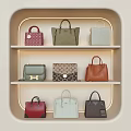 Elegant Handbags Display On Illuminated Three Tiered Shelves Featuring Various Colors
