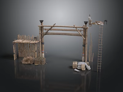 Rustic Bamboo Gate Frame With Thatched Roof Shed Ladder Wooden Crates And Sacks 3d model