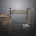 Rustic Bamboo Gate Frame With Thatched Roof Shed Ladder Wooden Crates And Sacks