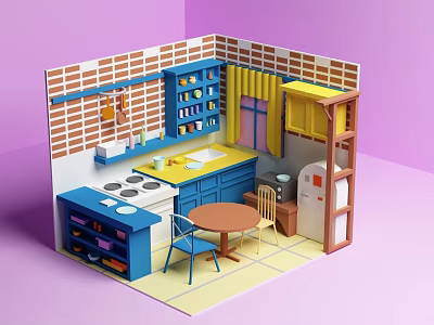 Cartoon Kitchen Scene With Blue Cabinets Yellow Countertop Brick Wall Small Dining Table And Chairs 3d model