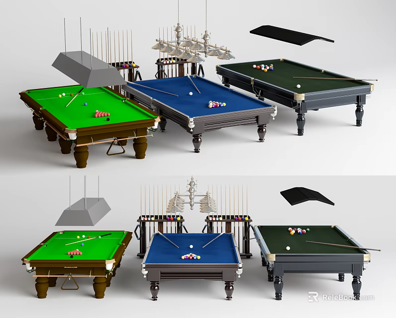 Premium Billiard Tables in Green Blue Gray with Pool Cues and Balls 3d model 