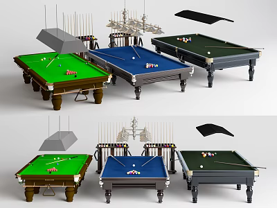 Premium Billiard Tables in Green Blue Gray with Pool Cues and Balls 3d model
