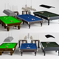 Premium Billiard Tables in Green Blue Gray with Pool Cues and Balls