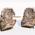 Carved Stone Decorative Pieces With Wooden Accents And Intricate Patterns