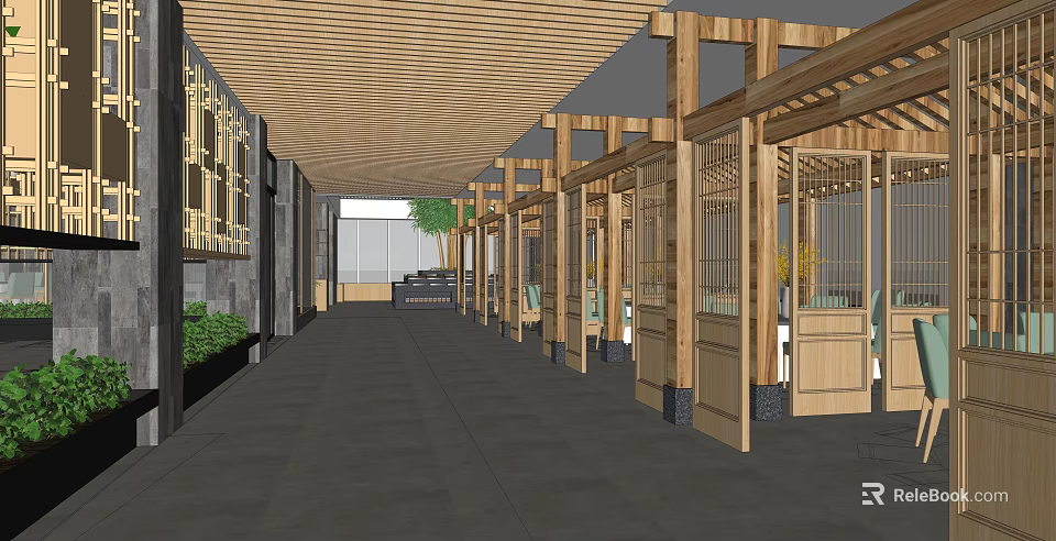 Chinese Style Restaurant Interior Corridor With Wooden Ceiling Open Partitions And Green Plants 3d model 