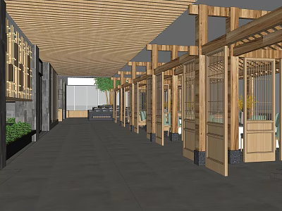 Chinese Style Restaurant Interior Corridor With Wooden Ceiling Open Partitions And Green Plants 3d model