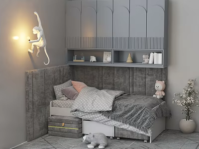 Cozy Gray Children's Bed With Upholstered Headboard Storage Drawers And Stuffed Toys 3d model