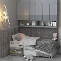 Cozy Gray Children's Bed With Upholstered Headboard Storage Drawers And Stuffed Toys