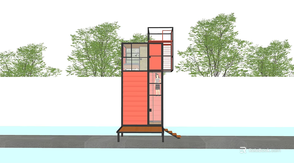 Modern Red Roadside Facility With Metal Frame Staircase Platform And Trees 3d model