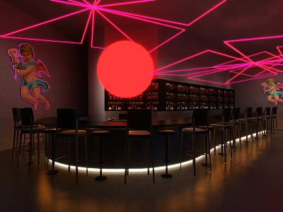 Stylish Neon Lights Bar Interior With Curved Counter High Stools Wine Shelves And Angel Decor 3d model