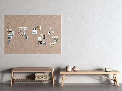 Wooden Stools With Upholstered Seat Near Corkboard Wall Gray Background Photos Vases And Books 3d model