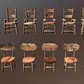 Rustic Wooden Single Chairs with Various Designs and Upholstered Seats 3d model