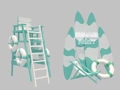 Summer Party Setup With Lifeguard Ladder Surfboards Life Rings And Deck Chair 3d model