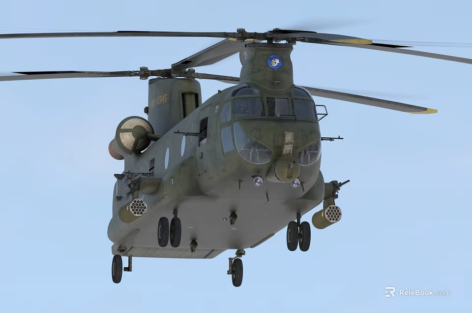 Military Green Twin Rotor Helicopter Flying With Extended Landing Gear And Insignia 3d model 