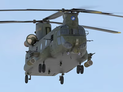 Military Green Twin Rotor Helicopter Flying With Extended Landing Gear And Insignia 3d model