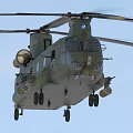 Military Green Twin Rotor Helicopter Flying With Extended Landing Gear And Insignia