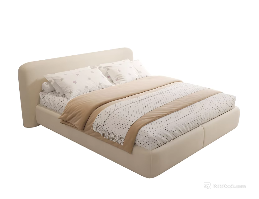 Modern Beige Double Bed With Upholstered Headboard Patterned Pillows And Striped Bedspread 3d model 