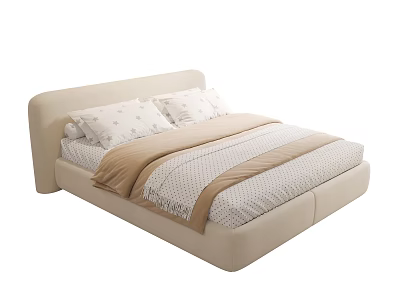 Modern Beige Double Bed With Upholstered Headboard Patterned Pillows And Striped Bedspread 3d model