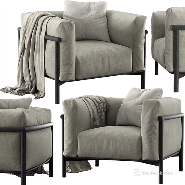 Light Gray Linen Single Sofa With Black Frame Throw Blanket And Pillow 3d model