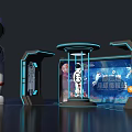 Space Themed Exhibition Booth with Astronaut Model Transparent Display and Background Screens with Planet Elements