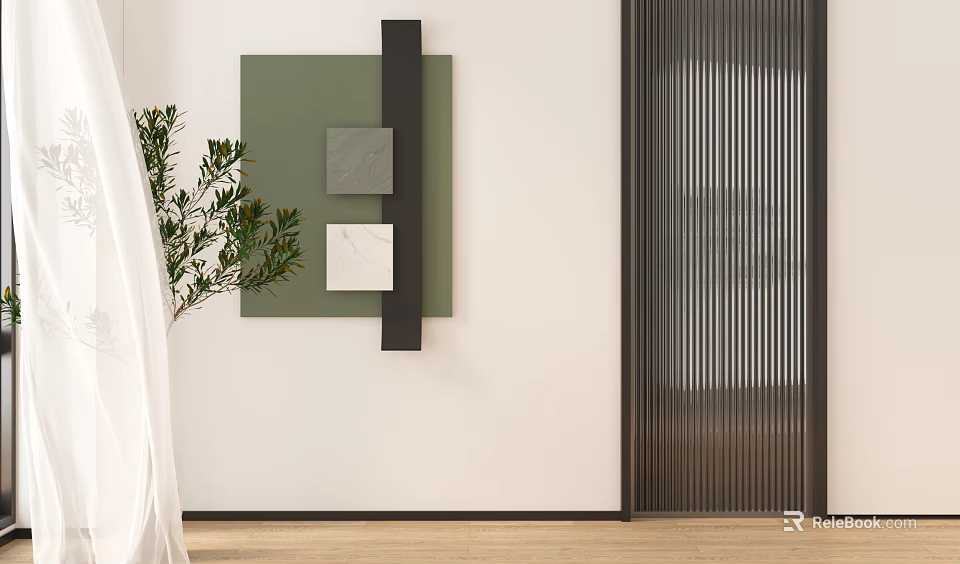 Modern Wall Decor Design With Green Panel Gray Marble and Vertical Wooden Screen 3d model 