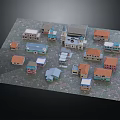 Multiple Residential Buildings Model Showcasing Various Colored Roofs And Architectural Styles