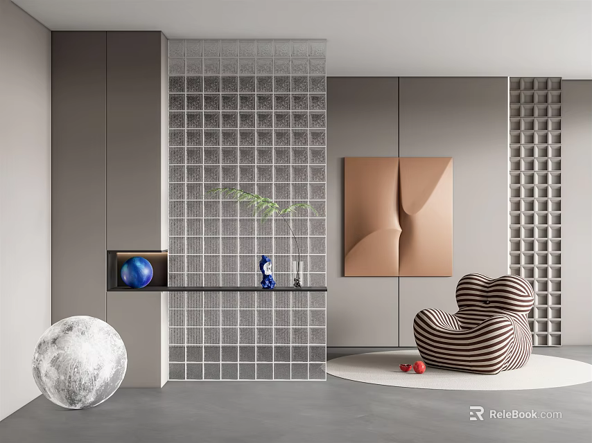 Modern Interior With Grid Glass Partition Striped Armchair Abstract Artwork Shelf And Moon Model 3d model 