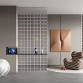 Modern Interior With Grid Glass Partition Striped Armchair Abstract Artwork Shelf And Moon Model
