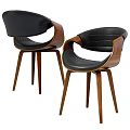 Modern Accent Chair Featuring Black Leather Seat And Wooden Curved Frame Design