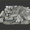 Scattered Broken Concrete Debris On Ground With Sparse Green Weeds 3d model