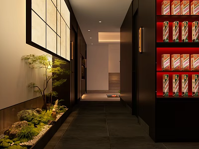 Japanese Style Hotel Corridor With Washi Paper Windows Green Plant Landscape Red Shelves And Bottles 3d model